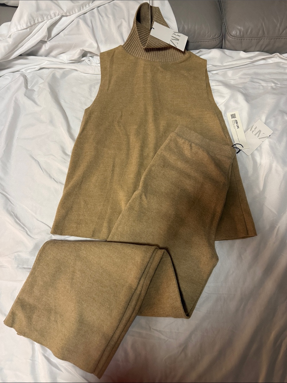 Zara Camel Knit Sleeveless Top & Pants Set
